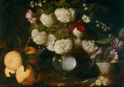 Boules de neige, roses, carnations, fruit by Italian School